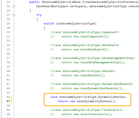 Service Factory file with the case statement for Dynamic Cube Views uncommented and boxed with yellow highlight